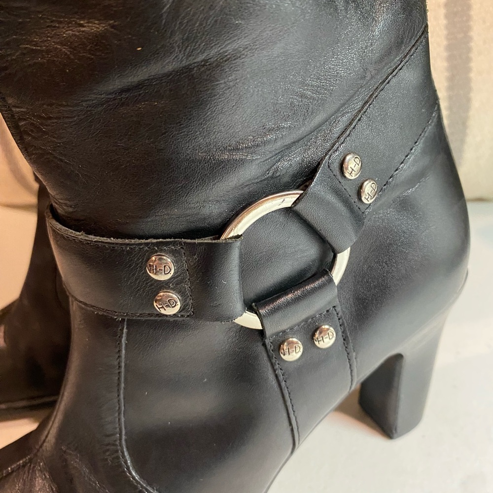 Harley-Davidson Black Leather Heeled Tall Boots Buckle Harness 7.5 - Picture 2 of 10